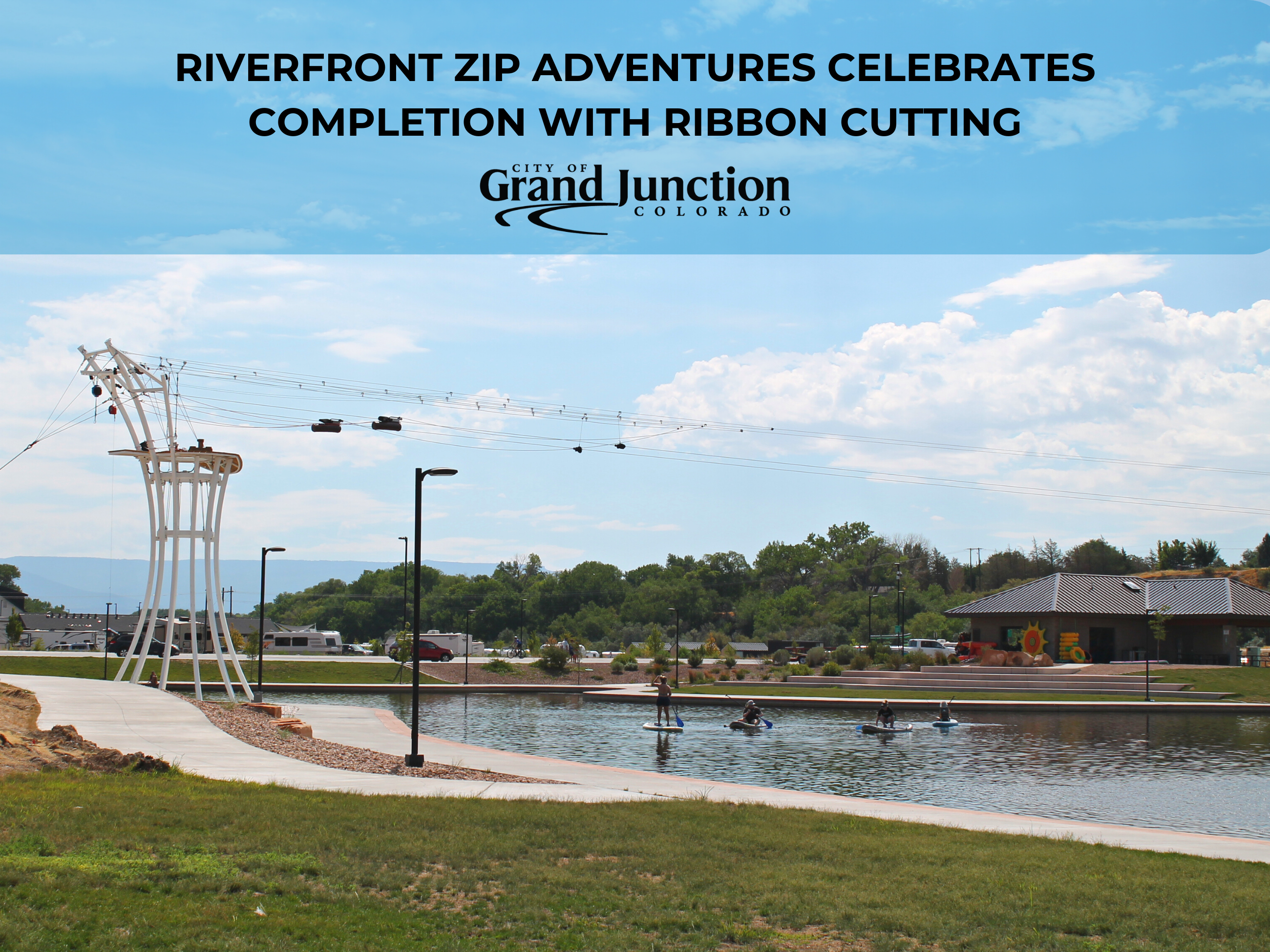 Zipline across a waterway. Text on graphic.