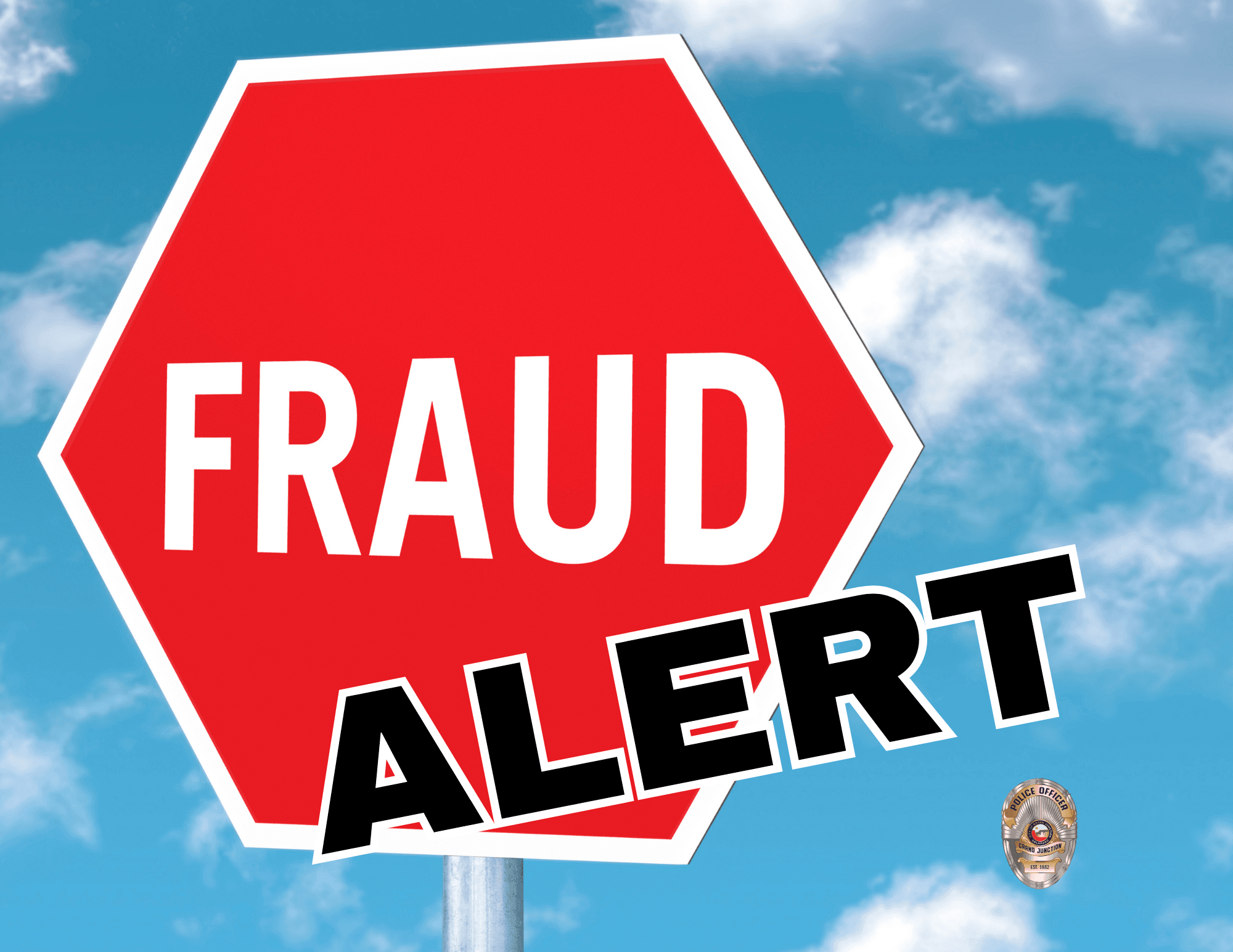 fraud alert graphic with stop sign and police badge on blue background