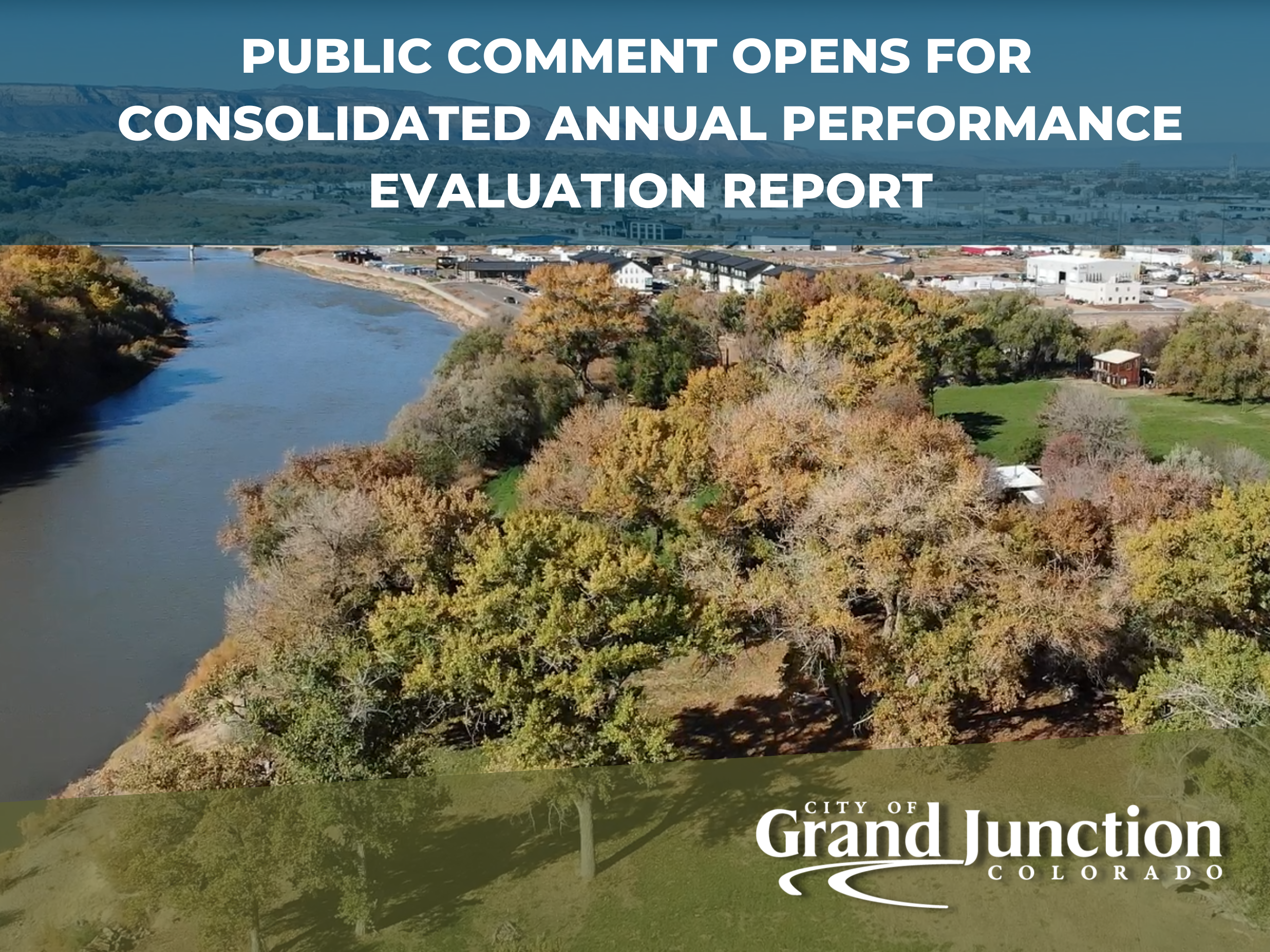 Ariel image of city with trees and river. Text in graphic. 