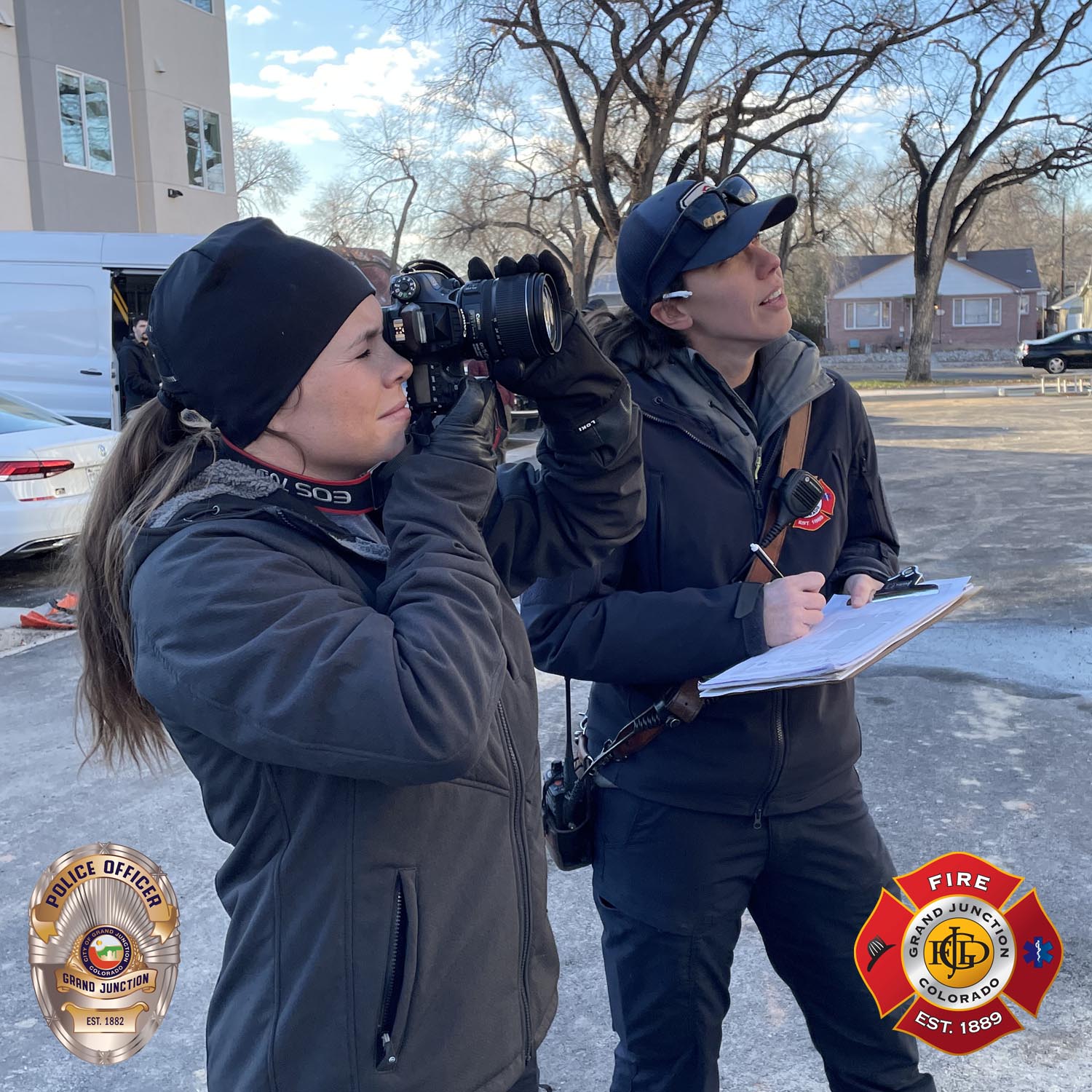Photo: GJPD Civilian Investigator Meghan DeHaan and GJFD Fire Investigator Allison Friesen on scene