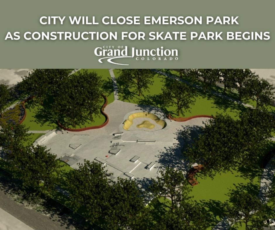 A design of a park with skate feature in the middle. Text on graphic. 