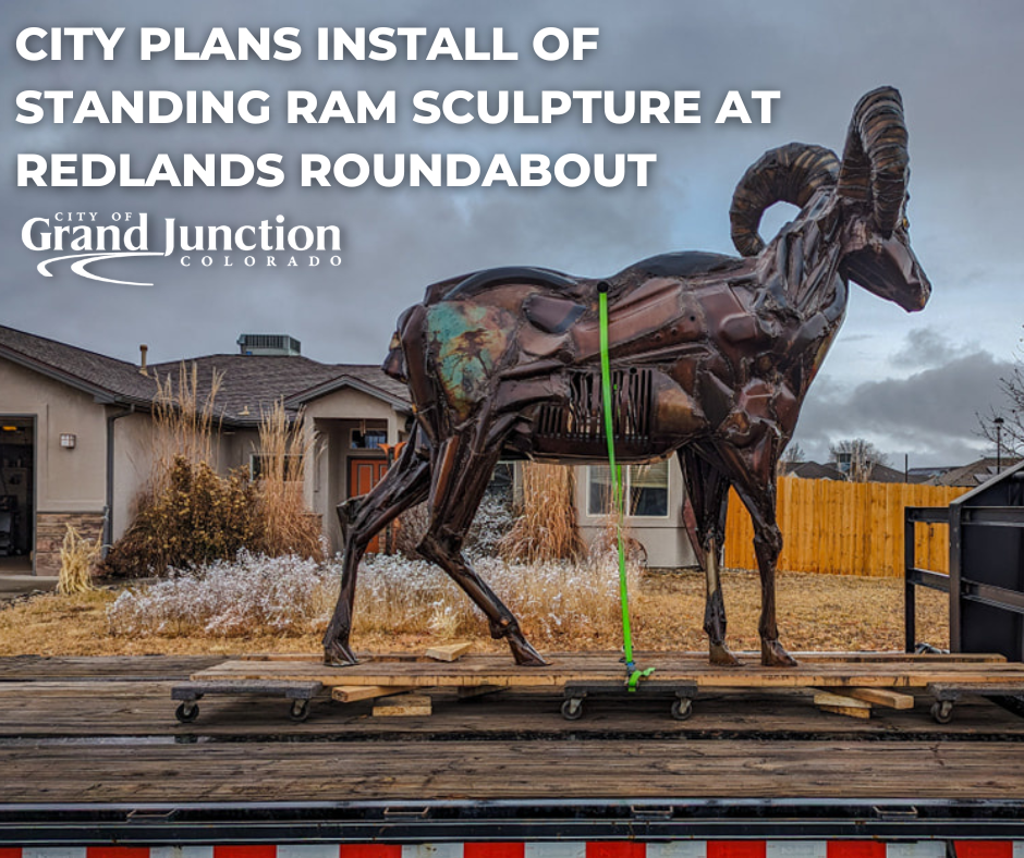 A metal Ram crafted by a local artist loaded on a truck bed in preparation for installation. 