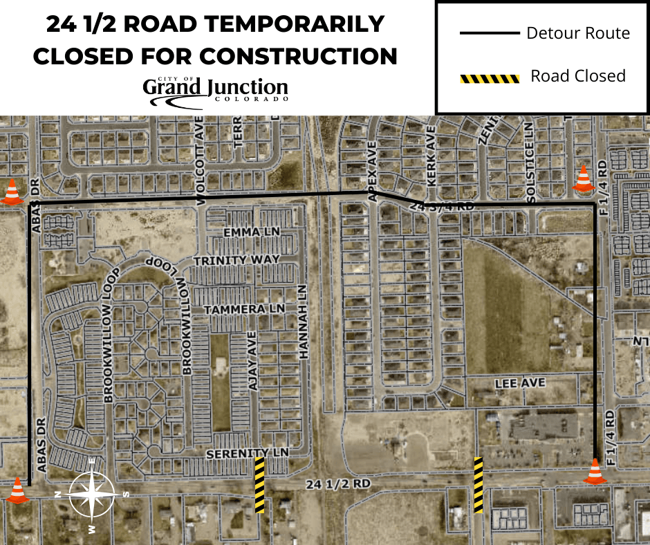 A map of an area in Grand Junction showing a road closure and the planned detour path. 