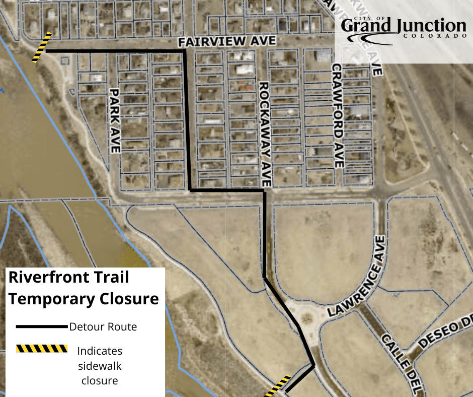 A map of a section of Grand Junction near the Colorado River. A section of riverfront trail included