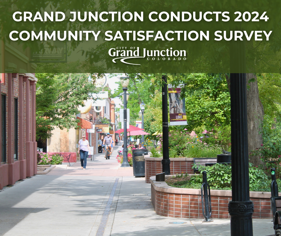 A sidewalk with trees, a light pole, and people walking. Text on graphic. 