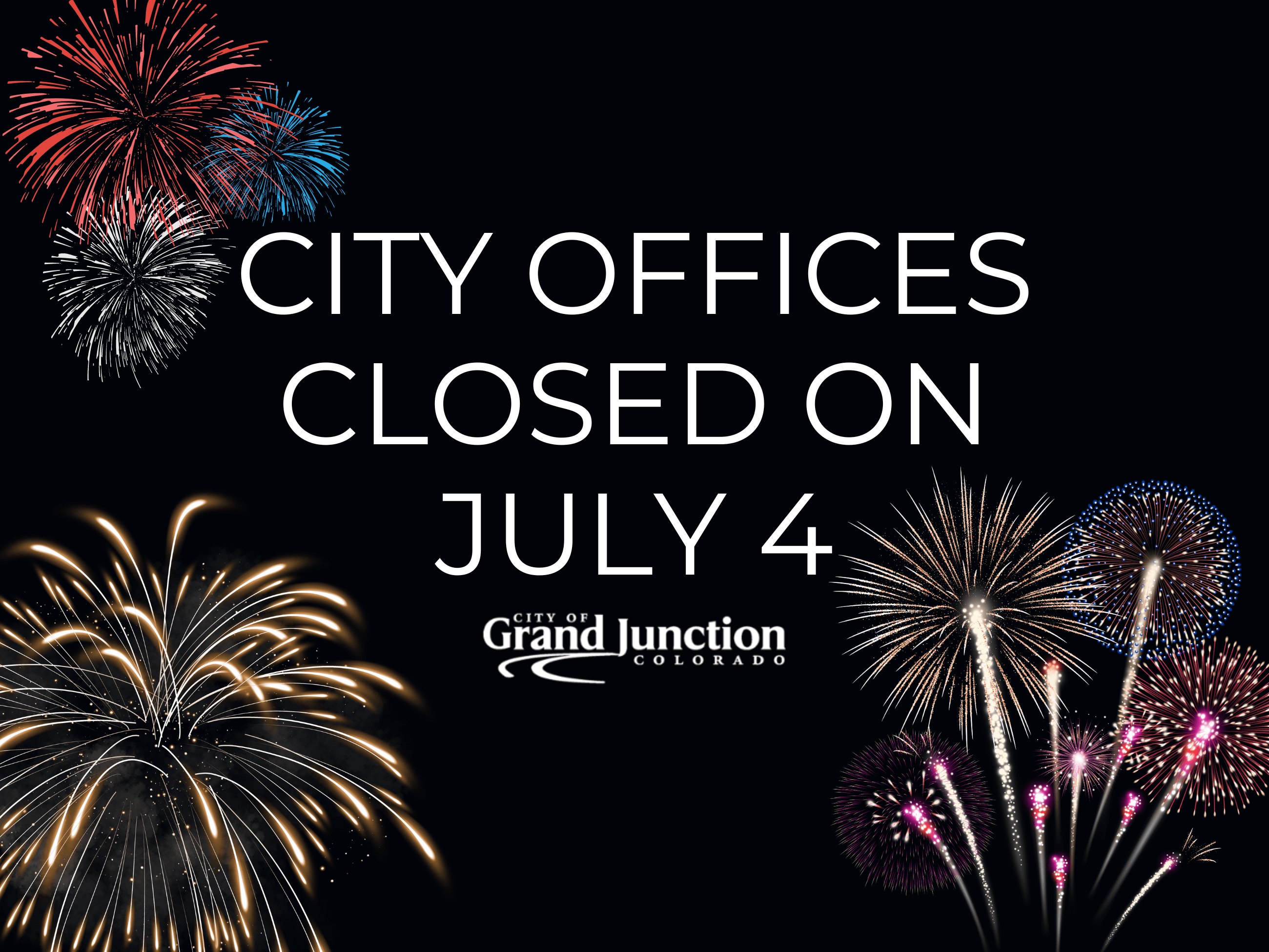 Fireworks in the night sky. Text on graphic.