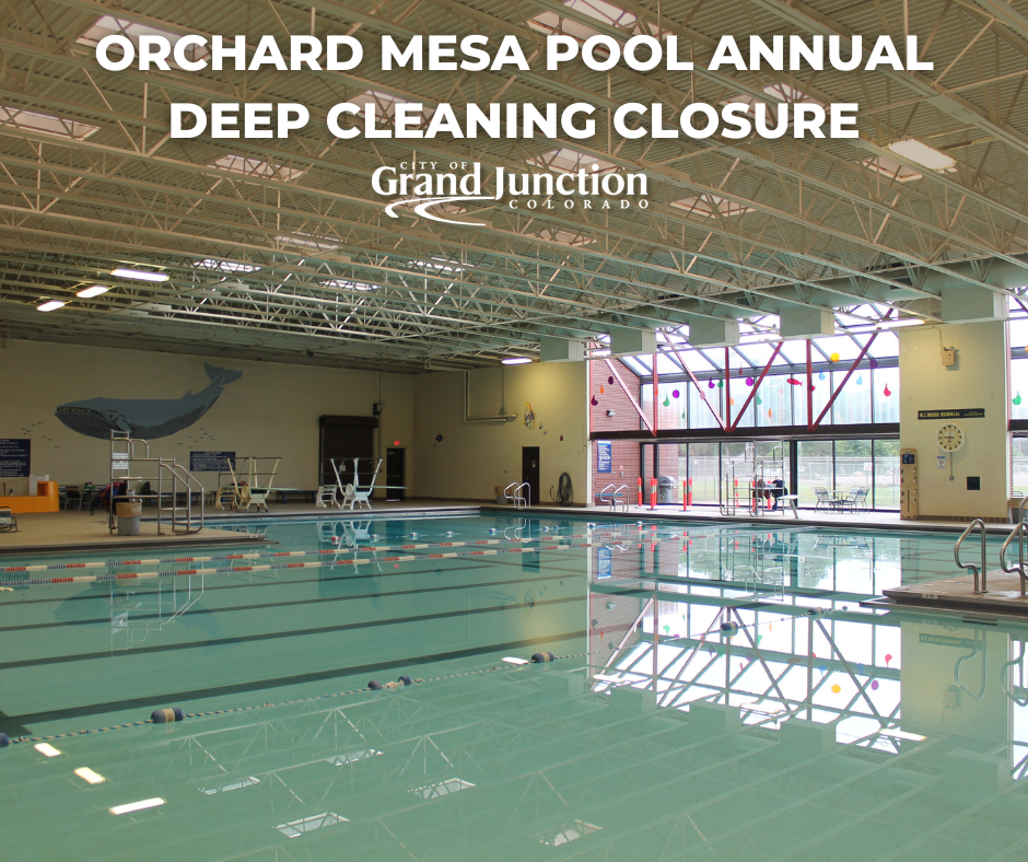 The interior of Orchard Mesa Pool. Text on graphic. 