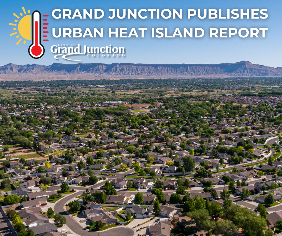 An aerial view of downtown grand junction. Text on graphic.  