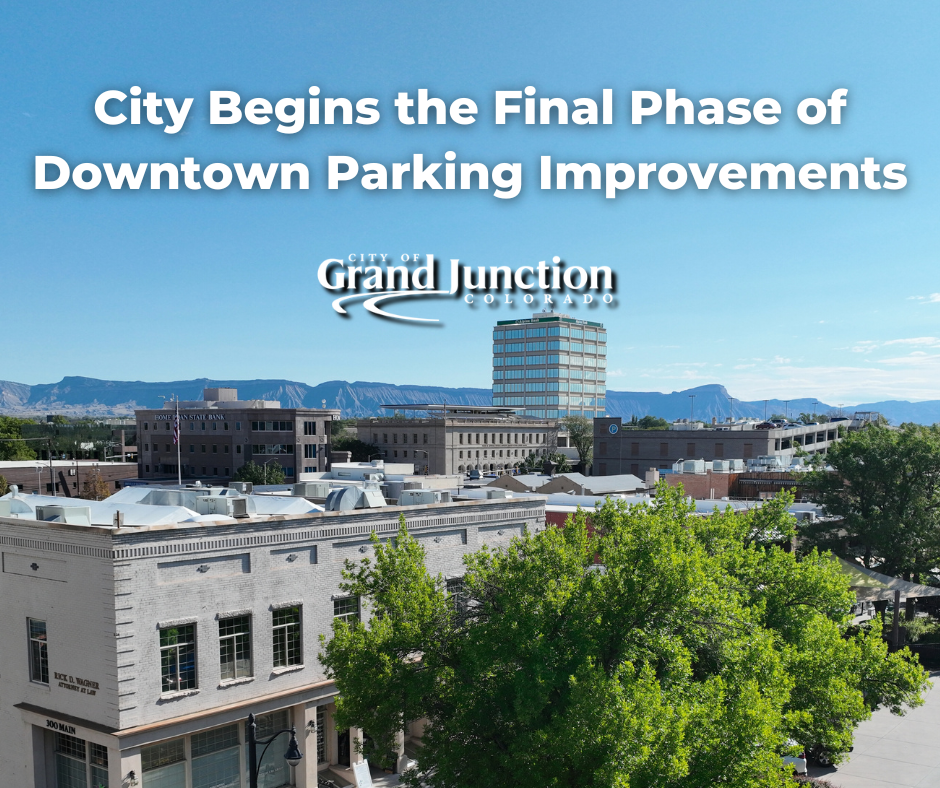 Aerial view of downtown Grand Junction with text on graphic