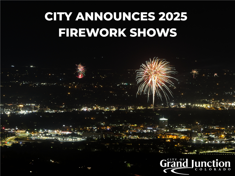 Aerial view of fireworks in Grand Junction, text on graphic. 