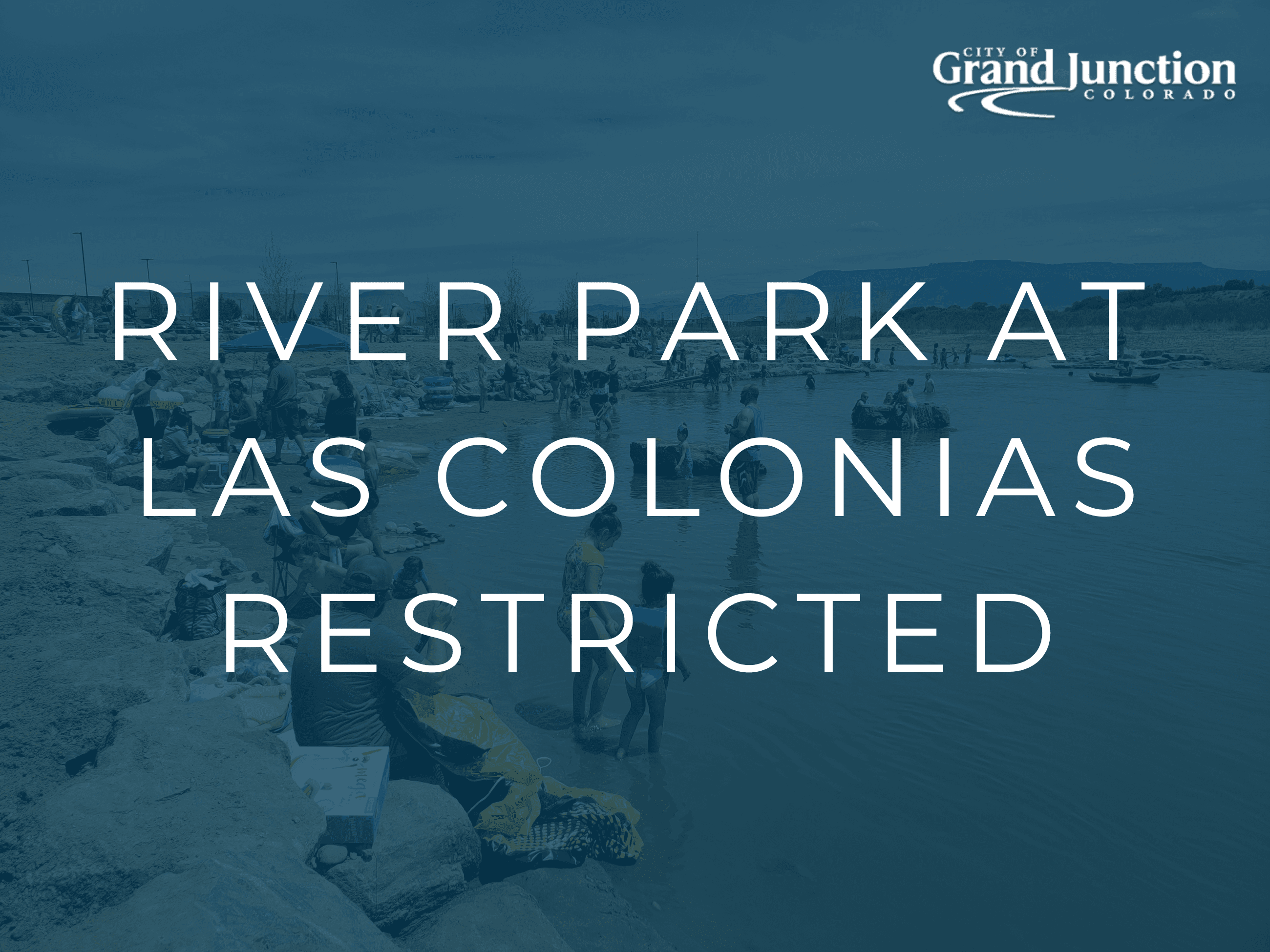 river park with crowd of people swimming and on the beach, blue overlay with white letters