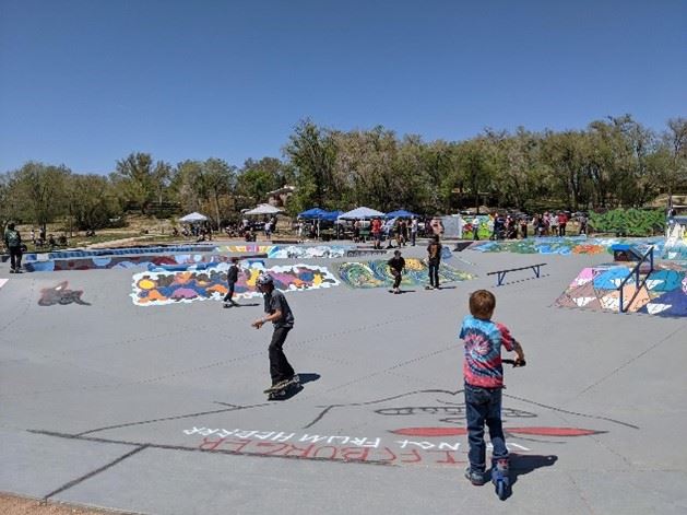 Murals at Westlake Skate park with children on skateboards