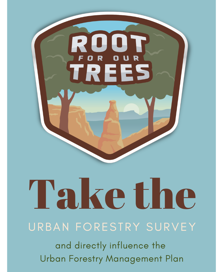 Button with Colorado National Monument and trees asking visitors to take the survey