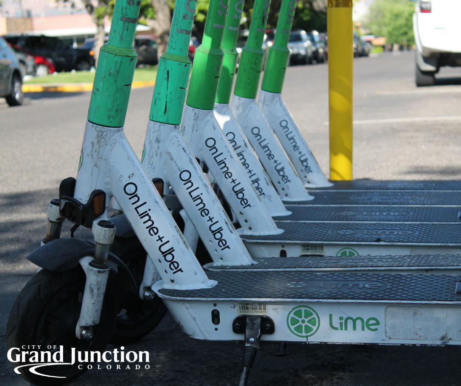 E-scooters standing in row on street. 