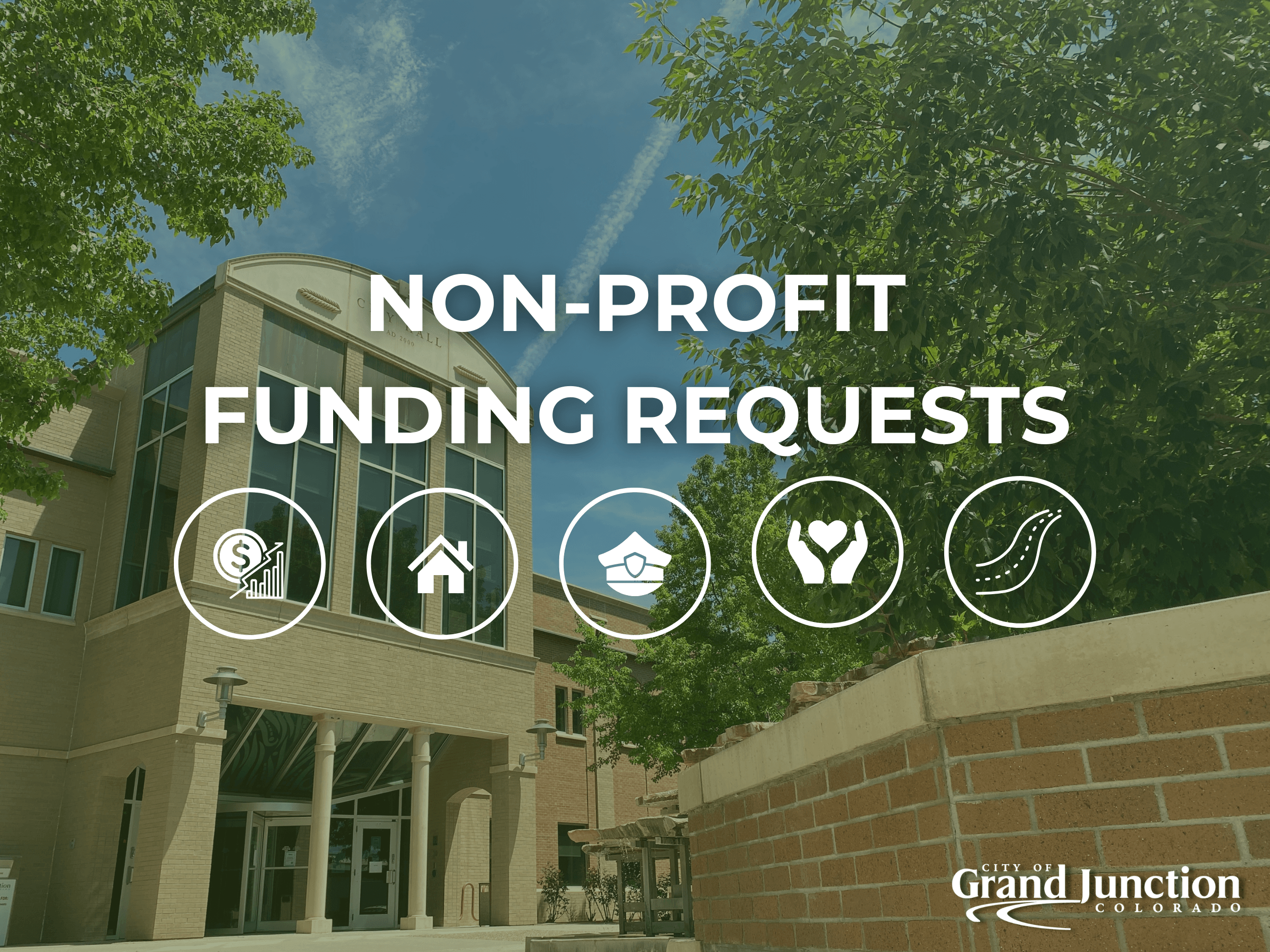 Building with trees and brick. Text shown over image. 