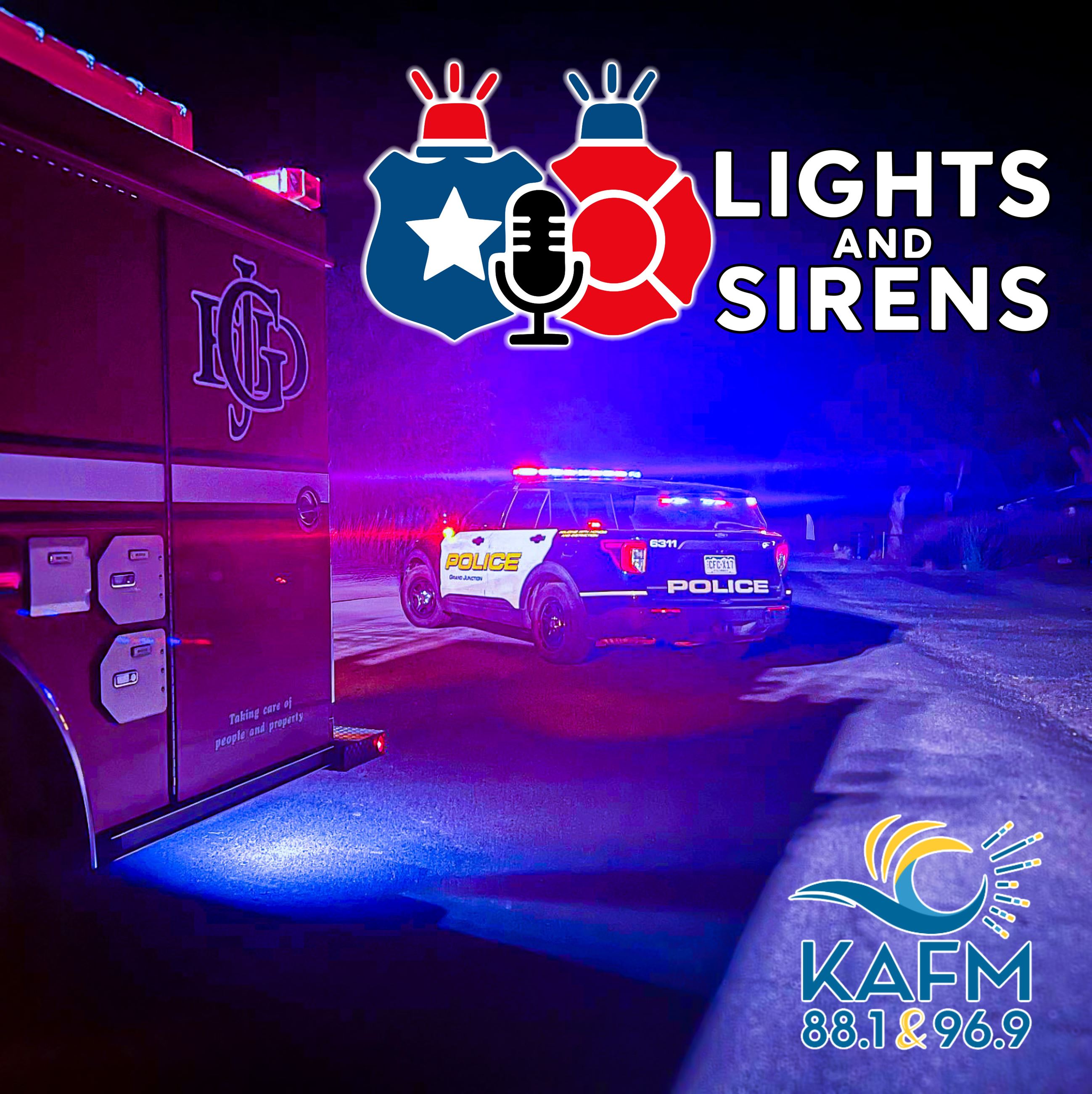 Lights and Sirens graphic with photo of GJPD and GJFD vehicles